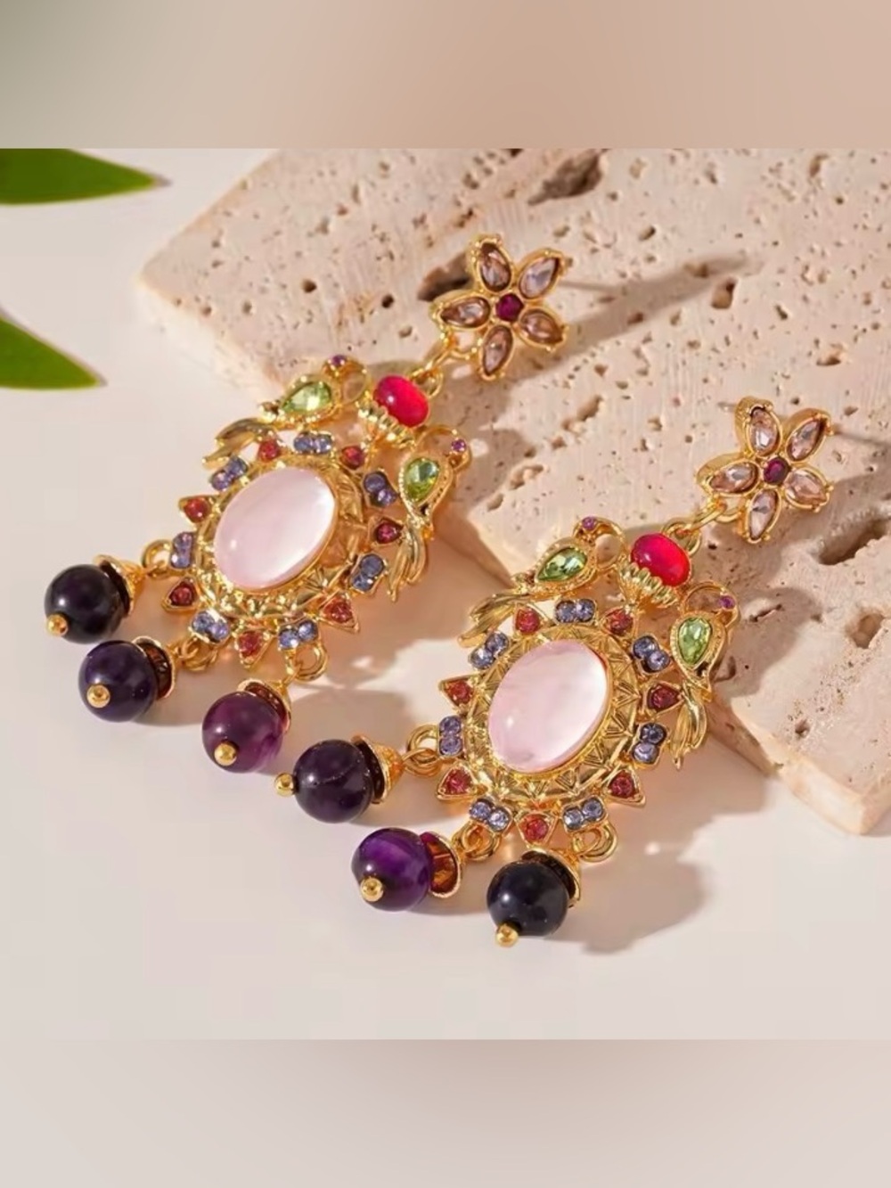 Gold-Tone Multicolor Gemstone Drop Earrings with Pink Center